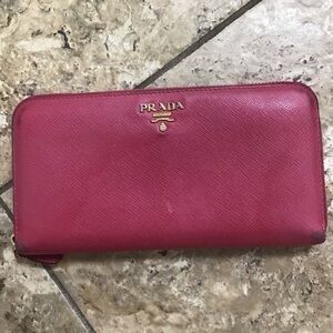 Prada Hot Pink Saffiano Zip Wallet with Gold Logo